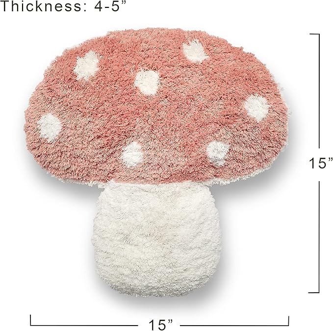 Tufted Mushroom Shape Decorative Cushion - 15' x 15' Mushroom Decor for Bed, Couch, Living Room (Pink)