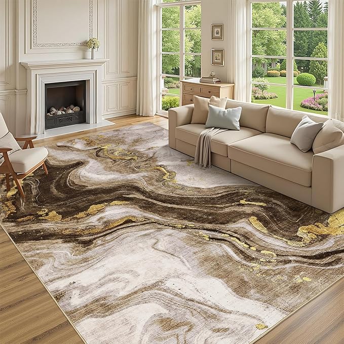 GarveeHome Large Area Rugs 10x13 Modern Abstract Rug with Marble Swirl Pattern, Neutral Abstract Rugs for Farmhouse, Stain-Resistant Low Pile Floor Cover for Bedroom Living Room Office, Brown