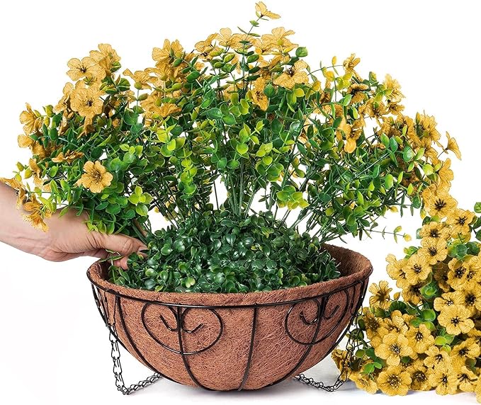 HyeFlora Artificial Fake Fall Hanging Mums Plants Flowers Basket for Outdoor, Autumn Faux Silk Yellow Daisy in Hang Planter Look Real UV Resistant for Porch Home Patio Balcony Yard Decor
