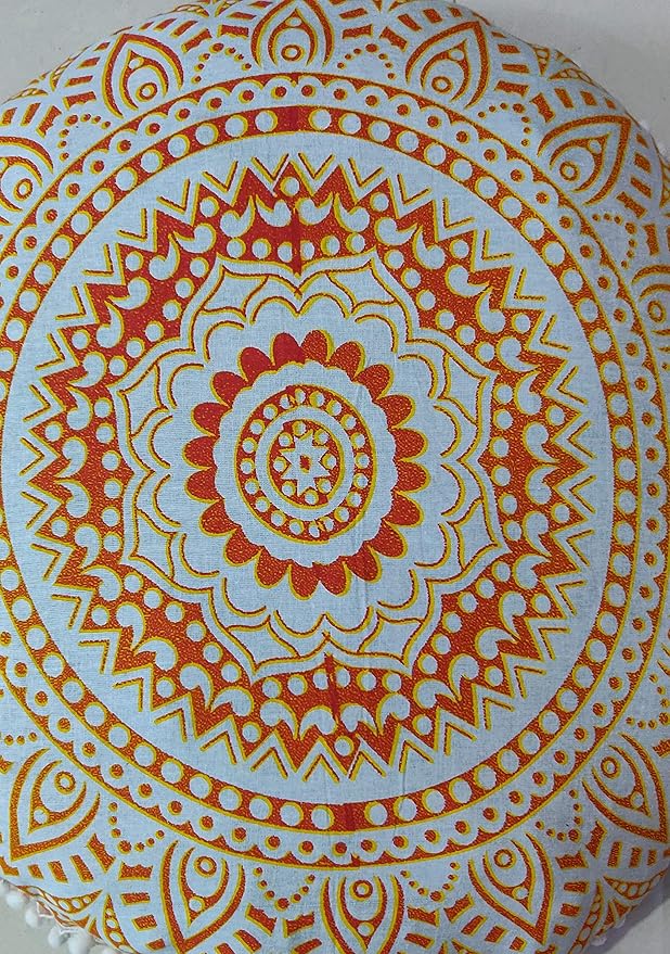 CRAFT KALA Mandala Floor Pillow Cushion Cover Seating Throw Cover Hippie Decorative Bohemian Ottoman Poufs Pom Pom Pillow Cases Boho Indian Cotton Living Room Yoga Home Décor (24" Round, Yellow Ombre)