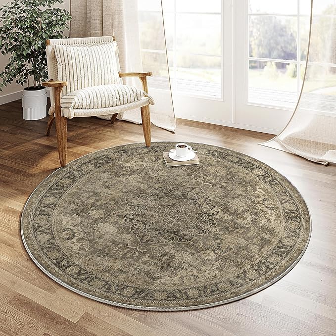 3x3 Washable Brown Round Rug Vintage Entryway Kitchen Cirlce Rug Non-Slip Soft Low Pile Distressed Indoor Carpet for Entrance Bathroom Dining Room