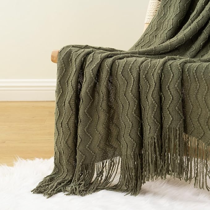 BATTILO HOME Throw Blanket for Couch, Textured Knit Throw, Olive Green Throws for Home Decor, Soft Blanket Throw for Bedroom Decor Housewarming Gifts, 50"x60"