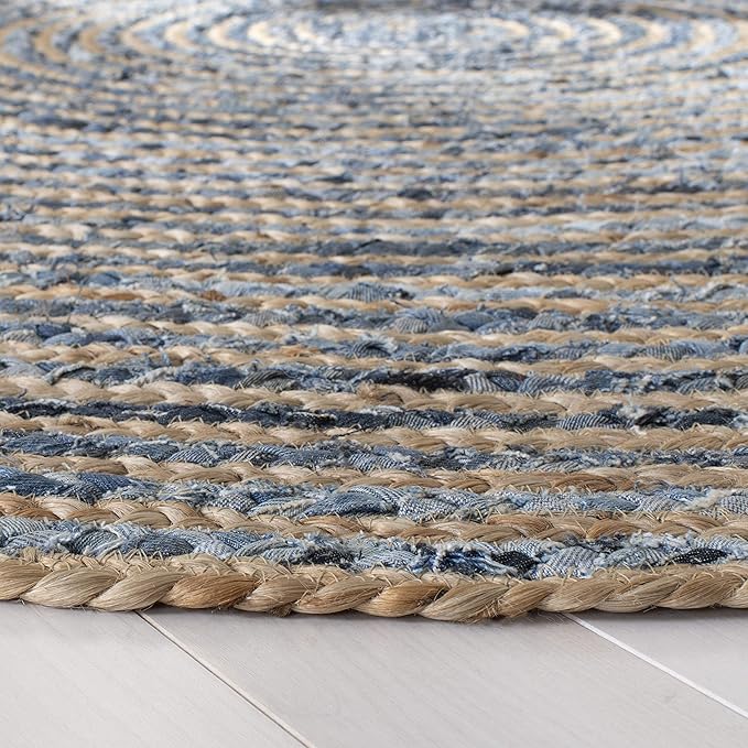 SAFAVIEH Cape Cod Collection Area Rug - 6' x 9' Oval, Natural & Blue, Handmade Flat Weave Jute, Ideal for High Traffic Areas in Living Room, Bedroom (CAP250A)
