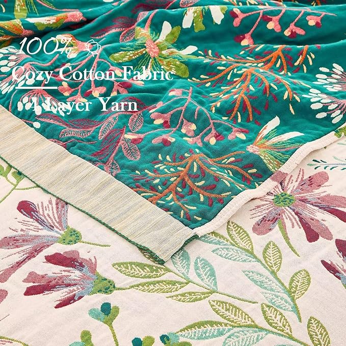 Boho Throw Blanket for Bed, 100% Cotton Soft Rustic Quilt Fall Blanket, 80" 90" Floral Printed Farmhouse Decor Bed Blankets, All Season Rustic Reversible Bohemian Throw Quilt