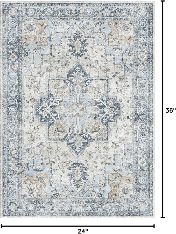 GENIMO Area Rug 2x3 Doormat, Machine Washable Low Pile Vintage Rugs, Small Lightweight Rug Entryway Indoor Mat for Entrance, Hallway, Kitchen and Corridor, Blue
