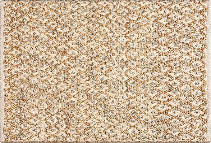 Jute Cotton Diamond Hand Woven Rug 2x3 Feet - Natural White, Farmhouse Oudoor Indoor Floor Carpet Rugs Ideal for Entryway, Kitchen, Nursary | Accent Reversible Beige Door Mat for Home Décor