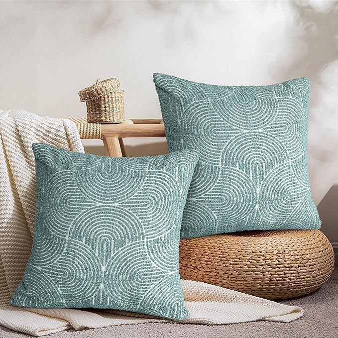 AELS Boho Decorative Textured Throw Pillow Covers 20x20, Modern Mid Century Rainbow Tufted Pillow Case, Farmhouse Rustic Geometric Woven Cushion Case for Bed Couch Sofa, Green