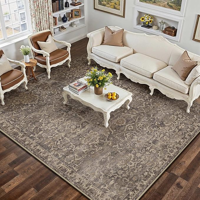 HUGEAR Area Rug 5x7 Retro Brown Machine Washable Living Room Rugs Distressed Vintage Floral Vacuumable Low Pile Carpet Bedroom Office Dining Room Laundry Room Non Slip Soft Lightweight