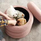 Boucle Ottoman with Storage Pink, Small Round Footrest Stool with Removable Lid, Upholstered Sherpa Vanity Chair for Bedroom Entryway