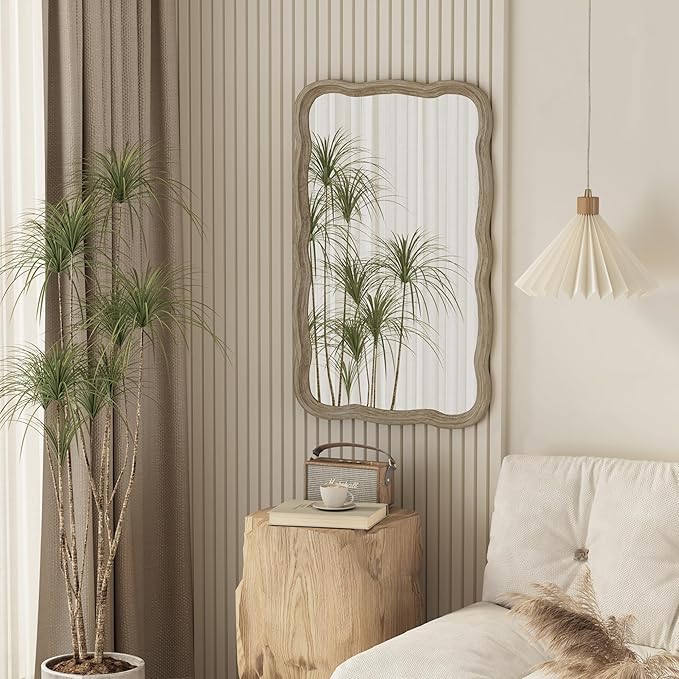 COZAYH Rustic Farmhouse Wall Mirror, 23.5” x 38” Rectangular Decorative Wall Mounted Mirror with Distressed Wood Frame & Curved Scallop Detail, Natural