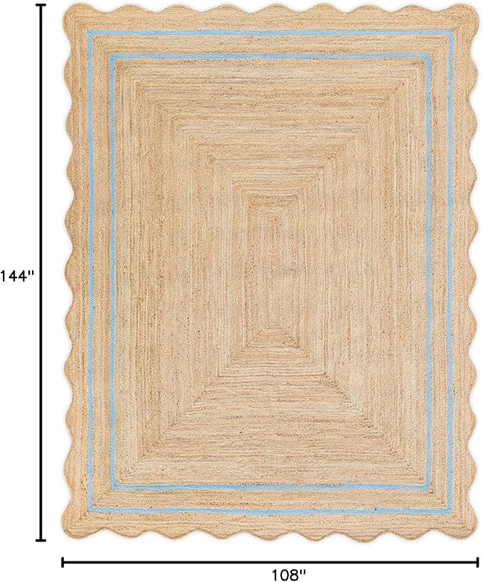 Wave Scalloped Natural Jute Runner, Sky Blue (9'x12'): Boho Farmhouse Entryway Scallop Rug