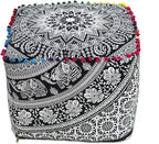 CRAFT KALA Square Mandala Floor Pillow Cushion Cover Seating Throw Cover Hippie Decorative Bohemian Ottoman Poufs Cover Pillow Cases Cotton Living Room Home Décor 22X22X14 inch, Black White Elephant