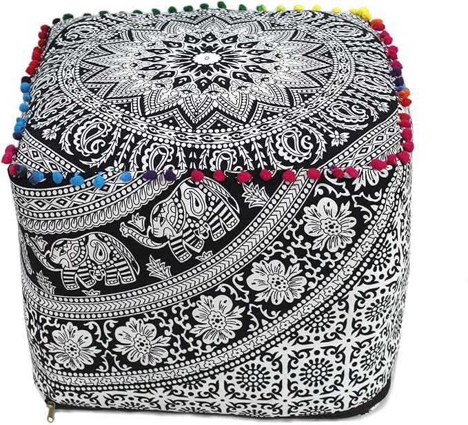 CRAFT KALA Square Mandala Floor Pillow Cushion Cover Seating Throw Cover Hippie Decorative Bohemian Ottoman Poufs Cover Pillow Cases Cotton Living Room Home Décor 22X22X14 inch, Black White Elephant