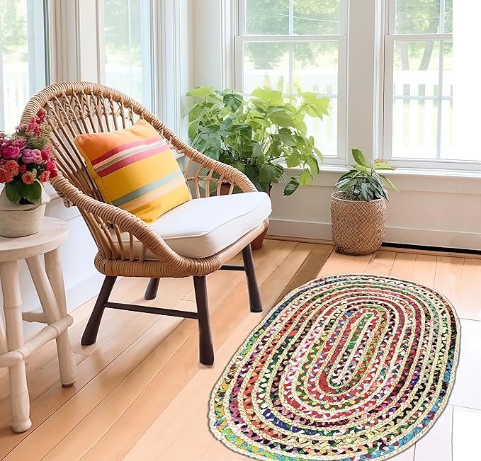 Cotton Craft - Hand Woven Reversible Jute & Cotton Multi Chindi Braid Rug - 4 x 6 Feet Oval - This Rug is Made from Multi Color re-cycled Yarns, Actual Product May Vary in Color from The Image Shown