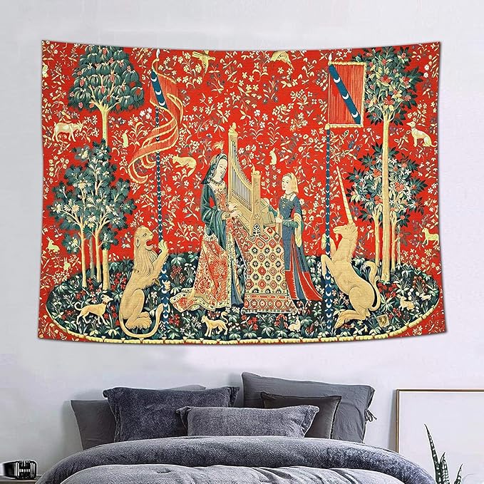FEASRT Medieval Maiden and Unicorn Tapestry European Royal Tapestry Lion Tapestry, 60x40 Inches Soft Flannelette, Lady and Unicorn for Living Room Bedroom Dorm