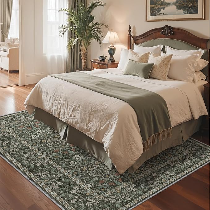 GENIMO 8x10 Washable Area Rug, Non-Slip Vintage Boho Floral Carpet, Soft Low-Pile Thin Living Room Rug for Bedroom, Dining Room, Nursery, Black