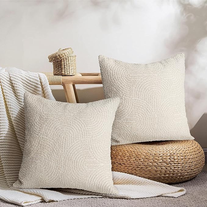 AELS Boho Decorative Textured Throw Pillow Covers 20x20, Organic Modern Mid Century Rainbow Tufted Pillow Case, Farmhouse Rustic Geometric Woven Cushion Case for Bed Couch Sofa, Creamy White