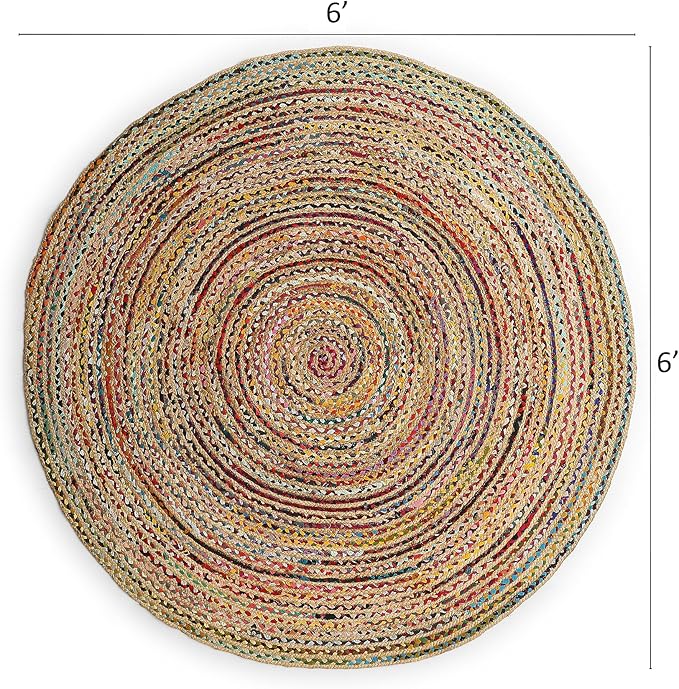 · REDEARTH · Jute Cotton Chindi Area Rug - 6' Round Rug, Handwoven, Non-Shedding, Soft & Durable – Multi Tones for Home Décor in Living Room, Dining Room, Bedroom