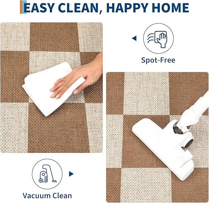 GarveeHome 9x12 Checkered Easy Jute Rugs for Bedroom Machine Washable Large Rugs Non-Slip Backing Modern Neutral Stain Resistance Carpets for Farmhouse Patio Dining Room Backyard Brown