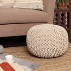 REDEARTH · Round Pouf Ottoman - Cable Knitted Boho Poof - Home Décor Cord Pouffe Handmade Circular Footrest for Living Room - Bedroom - Kids Bedroom - 100% Cotton Pouf (18" x 18" x 14") - Ivory