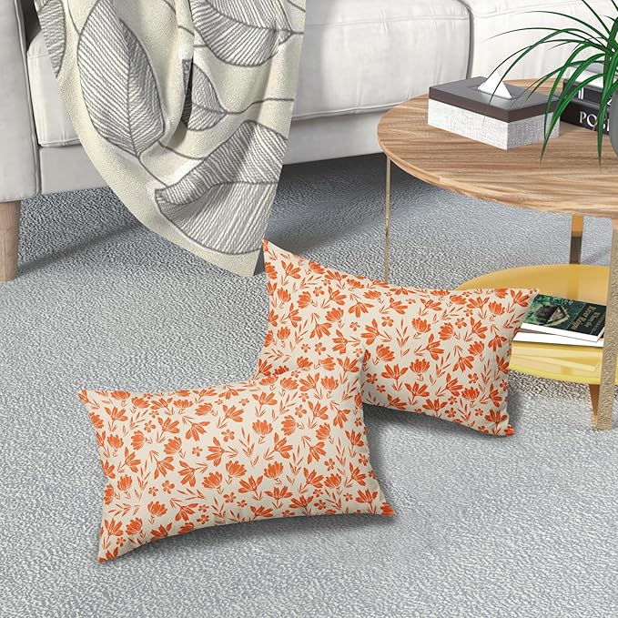 Orange Floral Pillow Covers 12x20 Set of 2 Vintage Rustic Old Style Cute Flower Cream Print Rectangle Decorative Outdoor Pillowcases Fall Farmhouse Throw Cushion Case Couch Sofa Bed Decor