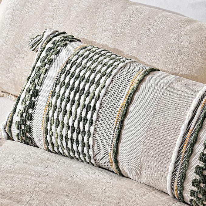 AmHoo Chenille Striped Textured Boho Throw Pillow Covers Aesthetic with Tassels Woven Decorative Pillow Case for Couch Bed Sofa Bedroom Modern Funky 14 x 36-Inch Sage Green