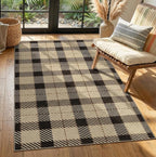 Washable Plaid Indoor Outdoor Rug 3x5 for Front Porch, Entryway, Patio, No Shed Easy Jute Non Slip TPR Backing Area Rug for Large Kitchen, Farmhouse Black & Tan Checkered Seegrass Aesthetic