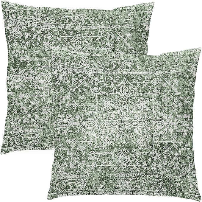 Sage Green Boho Throw Pillow Covers 20x20 Inch Decorative Square Bohemian Carpet Pattern Ethnic Pillow Cases Vintage Geographic Rug Cushion Covers Farmhouse Home Decor For Sofa Couch Outdoor Set of 2