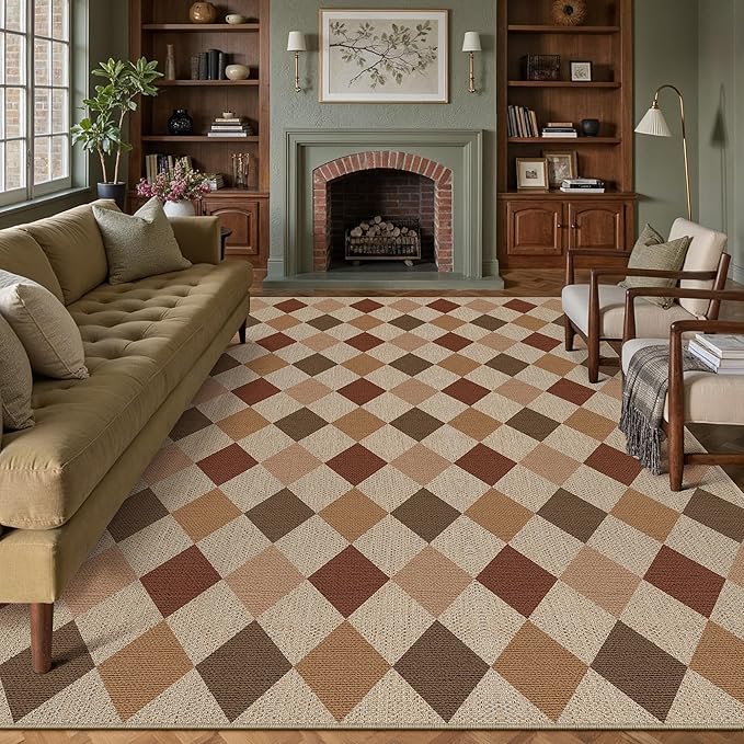 8x10 Checkered Easy Jute Area Rug for Living Room Large Checkerboard Washable Indoor Outdoor Carpet Farmhouse Patio Office Mat Geometric Non Slip Brown-Beige Carpet for Backyard Dining Room