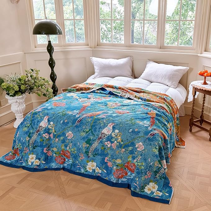 Boho Throw Blanket - 100% Cotton Ultra Soft Muslin Blanket, 60"x80" Lightweight Floral Bird Printed Framhouse Bedding Spring Blanket for Bed, All Season Blue Bohemian Bedroom Home Decor Quilt