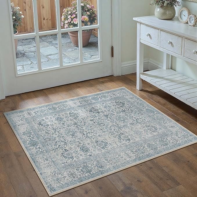 Blue Area Rug 2x3 Entryway Washable Soft Carpet Vintage Non Slip Indoor Kitchen Entrance Door Mat Traditional Retro Distressed Small Throw Rug Bathroom Laundry Bedroom