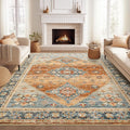 Washable Rugs 8x10, Ultra-Thin Non-Slip 8x10 Area Rugs for Living Room, Soft Vintage Large Area Rug, Foldable Farmhouse Bedroom, Dining Room Rug (Navy/Orange, 8'x10')