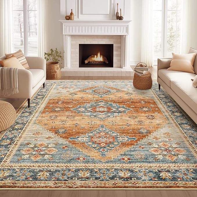 Washable Rugs 8x10, Ultra-Thin Non-Slip 8x10 Area Rugs for Living Room, Soft Vintage Large Area Rug, Foldable Farmhouse Bedroom, Dining Room Rug (Navy/Orange, 8'x10')