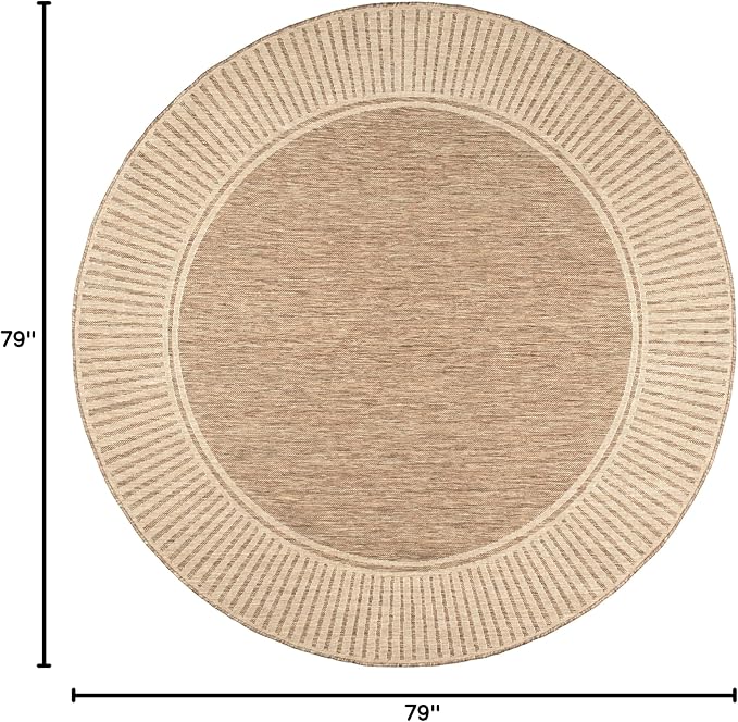Nuloom Asha Light Brown/Ivory, 6'7" Round, Casual, Striped Border, Soft and Cozy, High Traffic, Stain Resistant, Easy Clean, Durable Area Rug for Indoor/Outdoor Patio, Deck, Porch, Garden, Courtyard