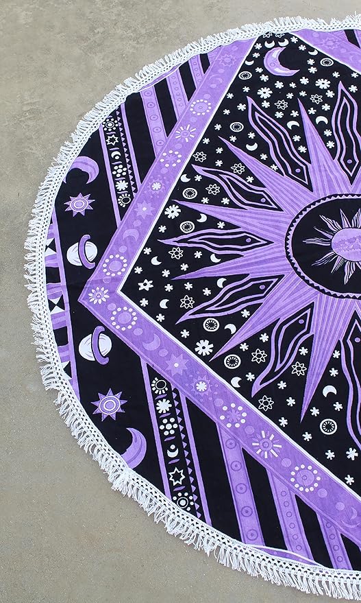 Round Beach Tapestry Turquoise Mandala Throw/Boho Hippie Beach Blanket Roundie/Indian Cotton Bohemian Large Round Table Cloth-Home Decor/Yoga Mat Meditation Picnic Rug (70", Purple)