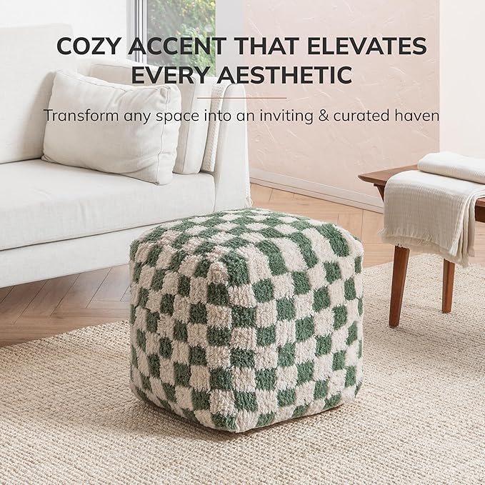 Anji Mountain Pouf Ottoman Foot Rest, Handmade Ottoman Pouf, Comfortable Foot Stool, Decorative Floor Seating for Living Room Decor, Bedroom & Home Décor Accent - Sage Checker