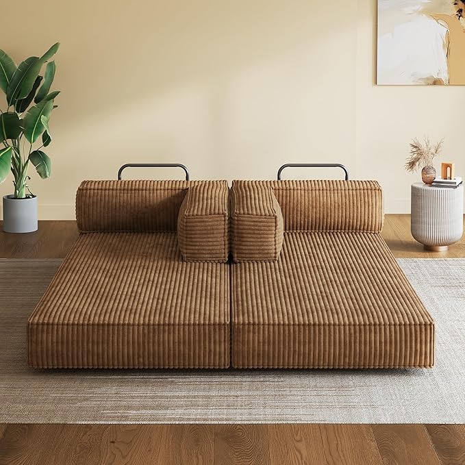 WLIVE 87'' Futon Sofa Bed, Convertible Sleeper Sofa, Folding Pull Out Couch Boneless Mattress with Fixed Frame, Corduroy, with Storage Pocket, Brown