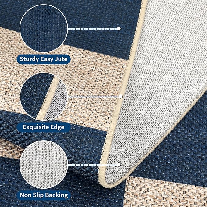 GarveeHome 9x12 Checkered Easy Jute Rugs for Bedroom Machine Washable Large Rugs Non-Slip Backing Modern Neutral Stain Resistance Carpets for Farmhouse Patio Dining Room Backyard Navy Blue
