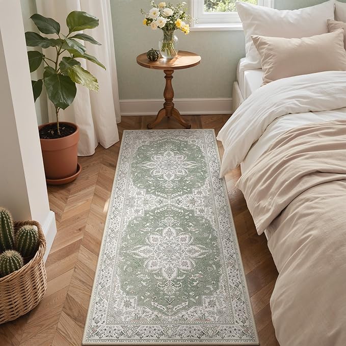 GENIMO 2X5 Washable Vintage Runner Rug for Hallway, Non-Slip Low Pile Chenille Print Rug, Soft Rugs for Indoor Entryway Kitchen Corridor, Sage & Linen