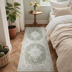 GENIMO 2X5 Washable Vintage Runner Rug for Hallway, Non-Slip Low Pile Chenille Print Rug, Soft Rugs for Indoor Entryway Kitchen Corridor, Sage & Linen