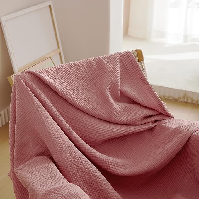 Simple&Opulence Cotton Muslin Throw Blanket 4 Layers for Bed, Couch, Woven Gauze Blanket with Tassels, Soft Lightweight Cozy Pre-Washed Breathable Farmhouse Decoration for All-Season(Dusty Pink)