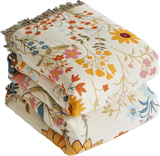 Boho Throw Blanket for Bed 60”x80”, 100% Cotton Woven Blanket for Couch Sofa, Ultra Soft 4-Layer Muslin Quilt with Floral Printed, Farmhouse Bed Blanket/Cover for Living Room Decor