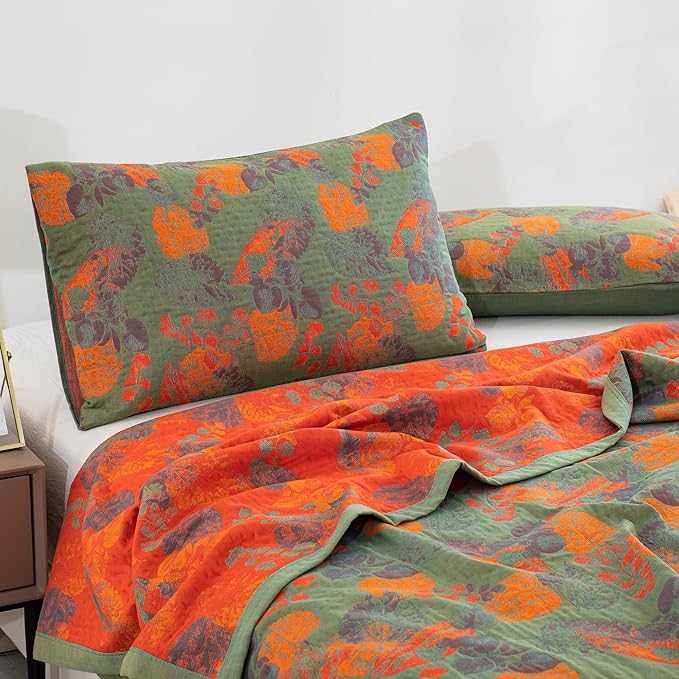 100% Cotton Muslin Blanket Jacquard Ginkgo Leaf Floral Pattern Quilt, Soft Bed Cover Lightweight Breathable Gauzy Reversible Bedspread Coverlet Bedding Full/Queen(78"x94"), No Pillow Sham