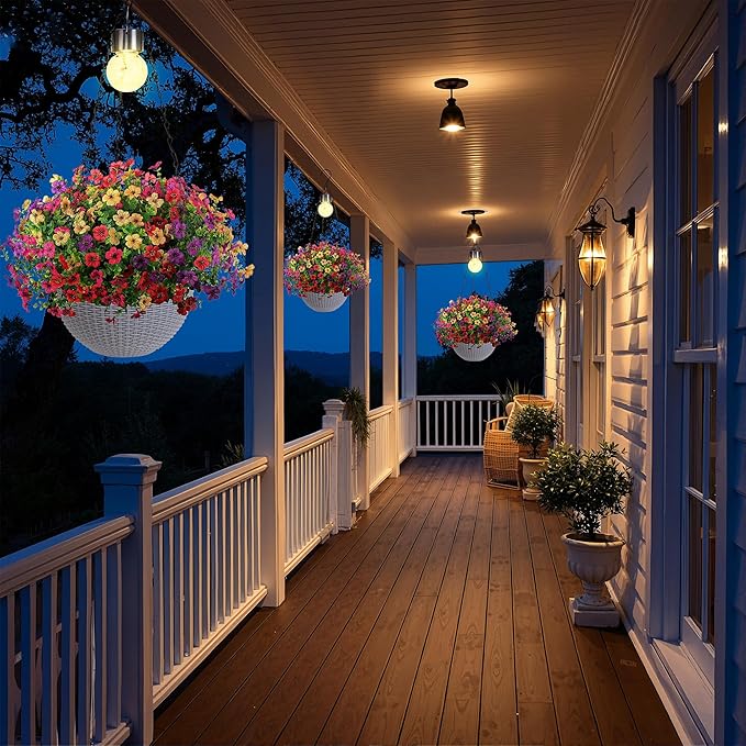 Artificial Faux Hanging Plants Flowers Basket for Spring Outdoor Outside Decorations, Fake Silk Daisy Look Real,Ferns in Planter UV Resistant Realistic for Front Door Yard Farmhouse Wedding Decor
