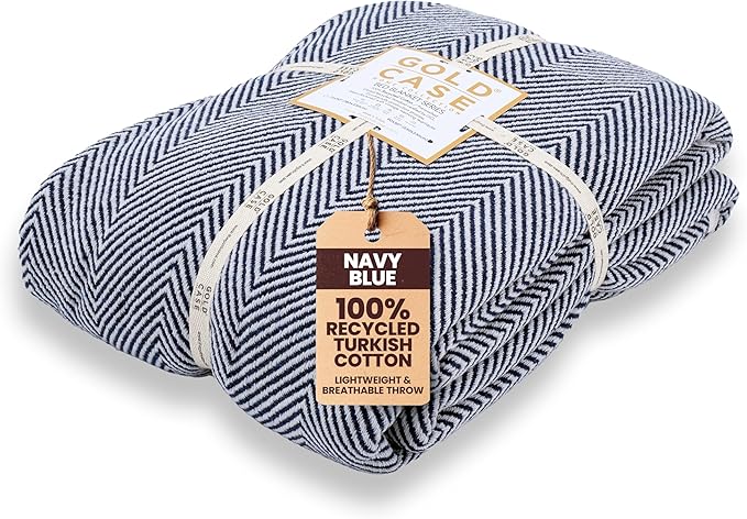 Gold Case Throw Blanket for Bed - 100% Recycled Turkish Cotton Blanket - Elegant Lightweight Soft Throw Blankets for Bed & Living Room - Queen Size Cozy Blankets - 90x90 - Navy Blue