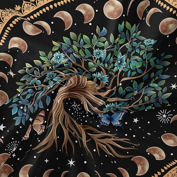 Jhdstore Moon Phase Tree of Life Tapestry Mandala Tapestry for Bedroom Aesthetic Celestial Decor Boho Spiritual Tapestries Wall Hanging Living Room Decor 36"x48"