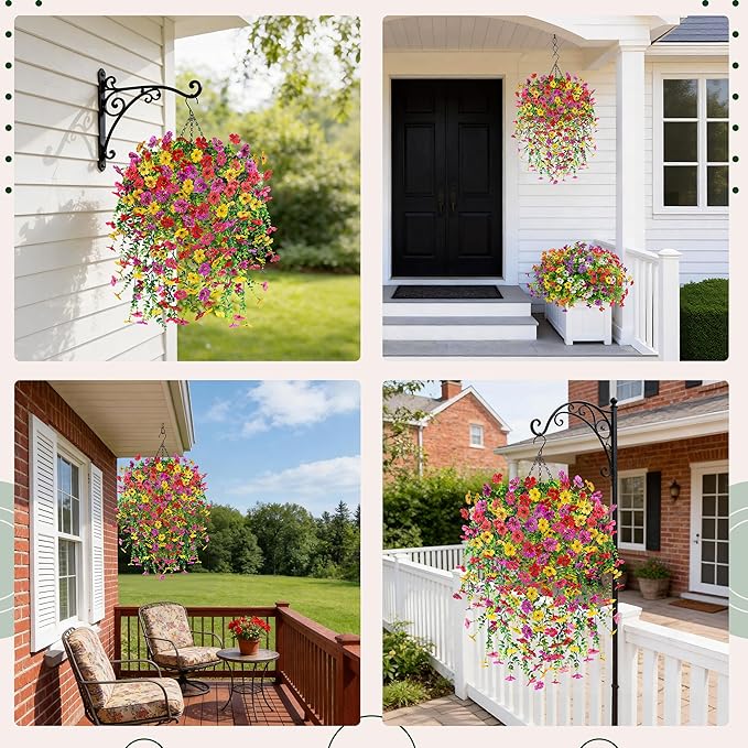 Der Rose Artificial Hanging Flower Basket for Outdoors Fake Hanging Flowers Plants with 4 Faux Silk Trailing Vines for Porch Patio Balcony Spring Decor