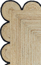 Scalloped Natural Jute Area Rug, Black Trim, 2'6"x10'