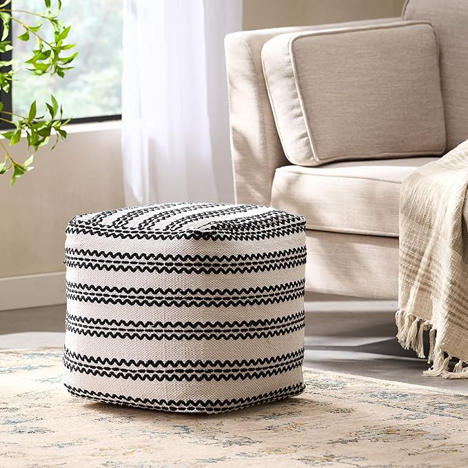 GDFStudio Boho Handmade Fabric Cube Pouf Ottoman Foot Stool - Bean Bag Floor Chair - Foot Rest Couch for Living Room Bedroom,Natural and Black,16" x 16" x 15.75"