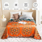 Boho Throw Blanket for Bed 100% Cotton Soft Lightweight Quilt Floral Embroidery Home Decor Spring Breathable Orange Bed Blankets,80"x90" All Season Reversible Blankets for Sofa Couch Chair